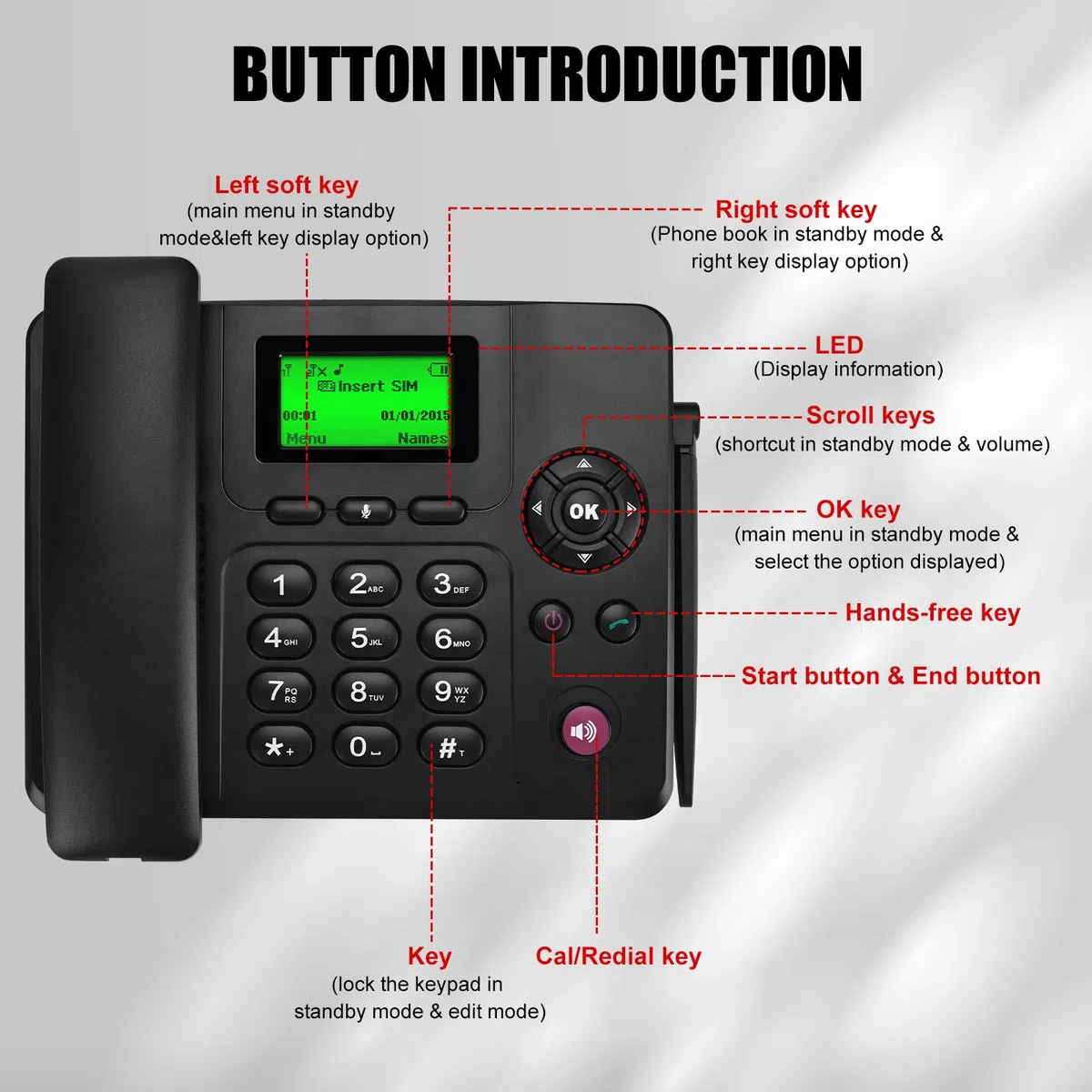 Lychee 2, 3, 4G Telefono Fisso Senza Fili: Dual SIM, Multilingue (Tedesco Incluso), Grande Schermo con Retroilluminazione, Telefono da Scrivania per Ufficio, Hotel o Uso Domestico