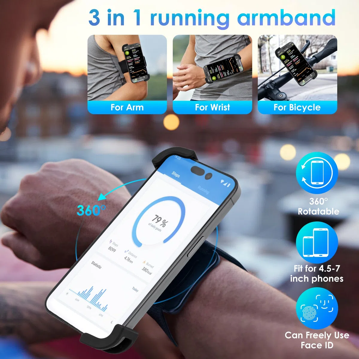 Cikyner Fascia da braccio girevole 3 in 1, supporto per telefono da corsa rimovibile per iPhone da 11,4 a 17,8 cm, palestra, escursionismo