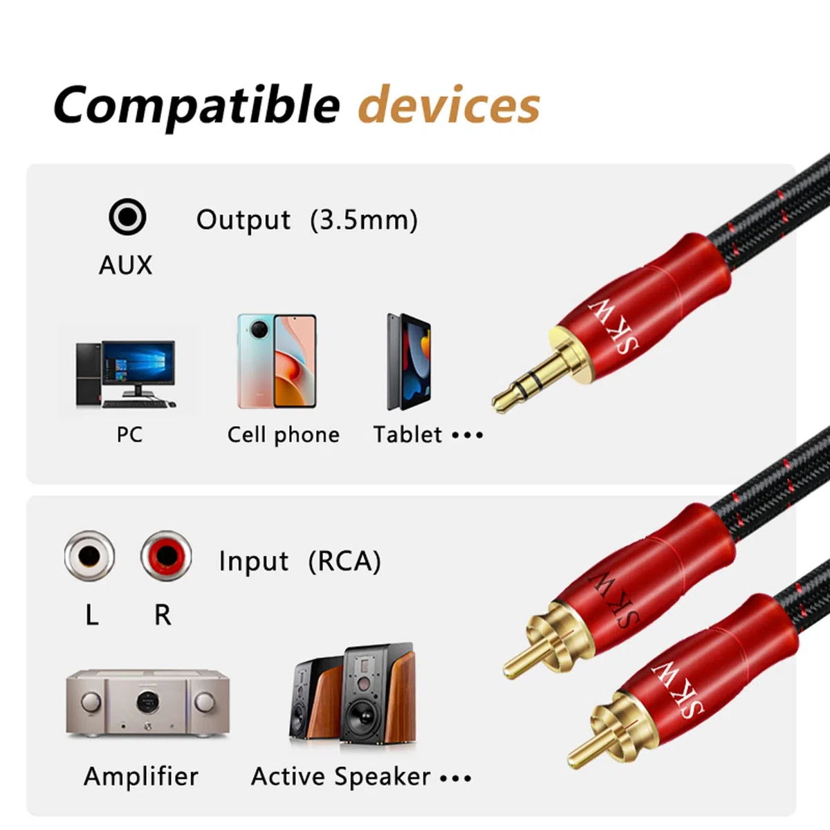 SKW Cavo jack da 3,5 mm a 2RCA, rame OFC - Cavo doppio schermato da RCA a jack per il collegamento di smartphone, tablet o PC all'amplificatore HiFi (2M, rosso)