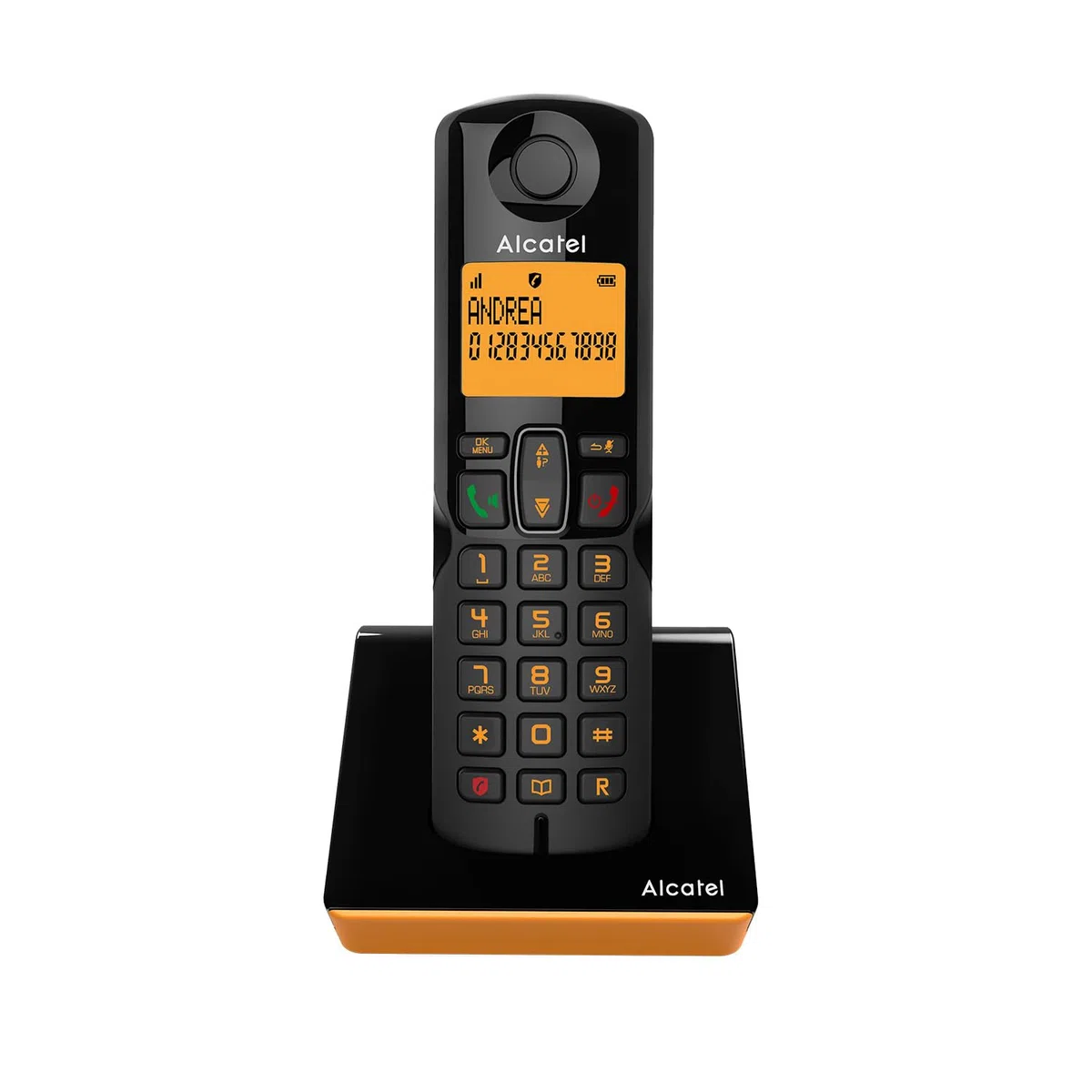 ALCATEL S280 - Telefono Fisso Cordless DECT - Design Compatto - Grande Display Retroilluminato - Vivavoce - Funzione Blocco Chiamate - Rubrica da 50 Contatti - Nero/Arancione