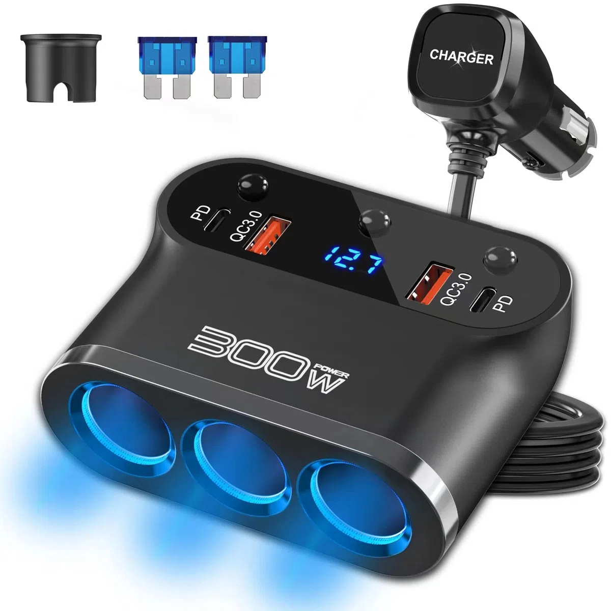 Qidoe Sdoppiatore Presa Accendisigari per Auto 300W: 7 in 1 USB Splitter, 3 Prese e Doppia USB C 30W e QC3.0 18W con Interruttore LED Voltmetro per GPS, Cellulare, iPad