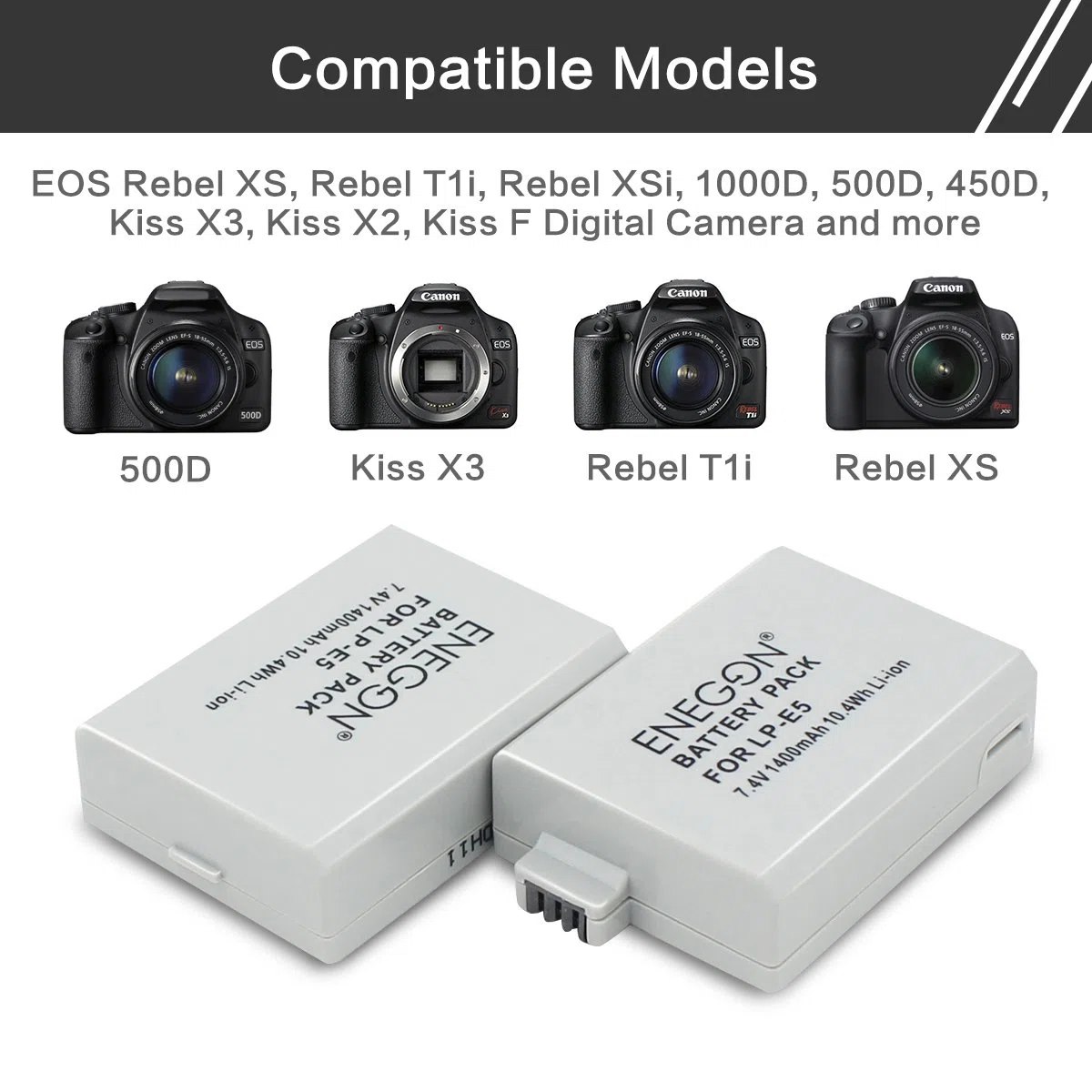 ENEGON Batteria di ricambio (2-Pack) e caricatore rapido doppio per Canon LP-E5 e Canon EOS Rebel XS, Rebel T1i, Rebel XSi, 1000D, 500D, 450D, Kiss X3, Kiss X2, Kiss F
