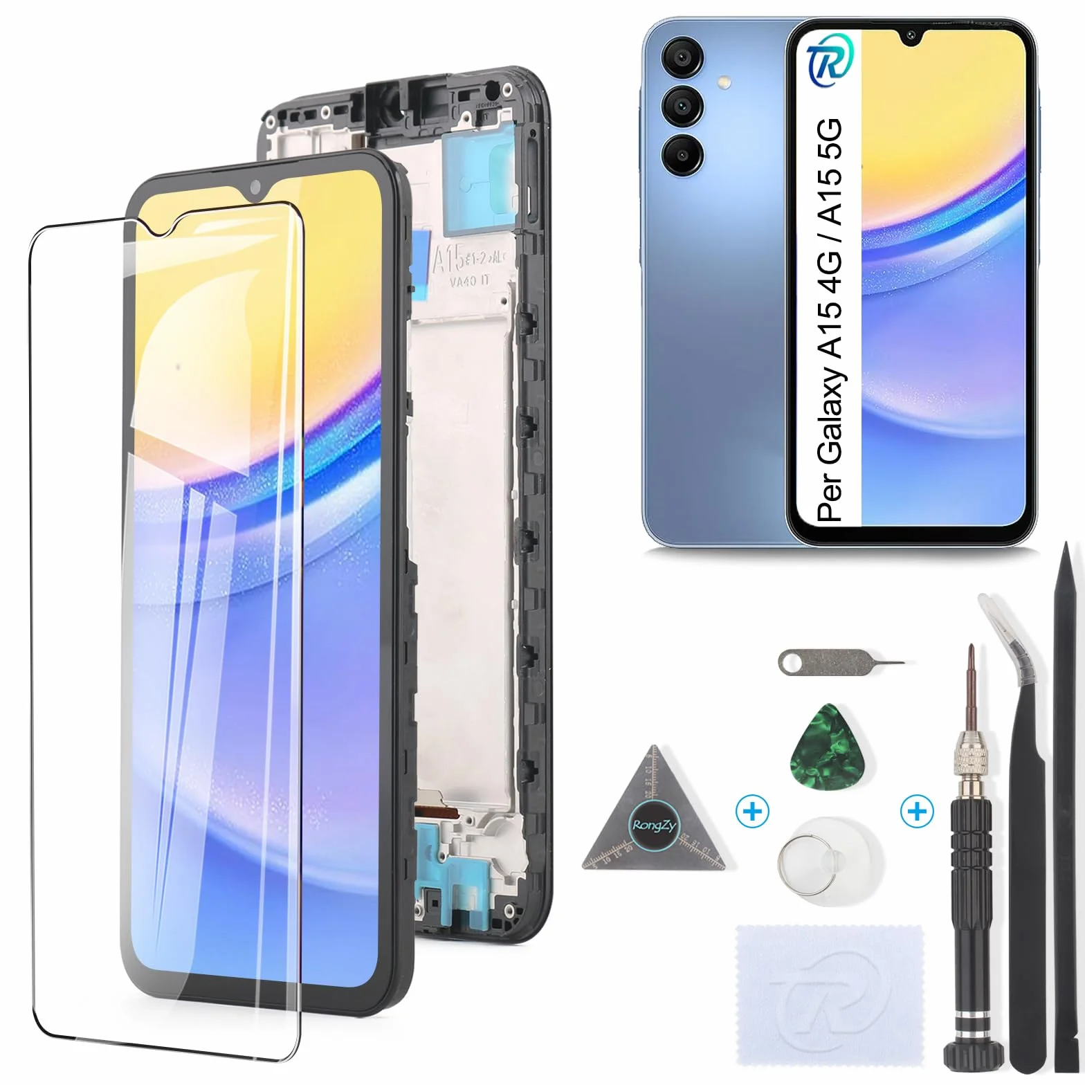 RongZy Schermo LCD per Samsung Galaxy A15 4G A155F Display Sostituzione per Samsung Galaxy A15 5G A156B Digitizer Assembly Vetro di Ricambio Touch Screen con Strumenti(6.5", Nero con Cornice)