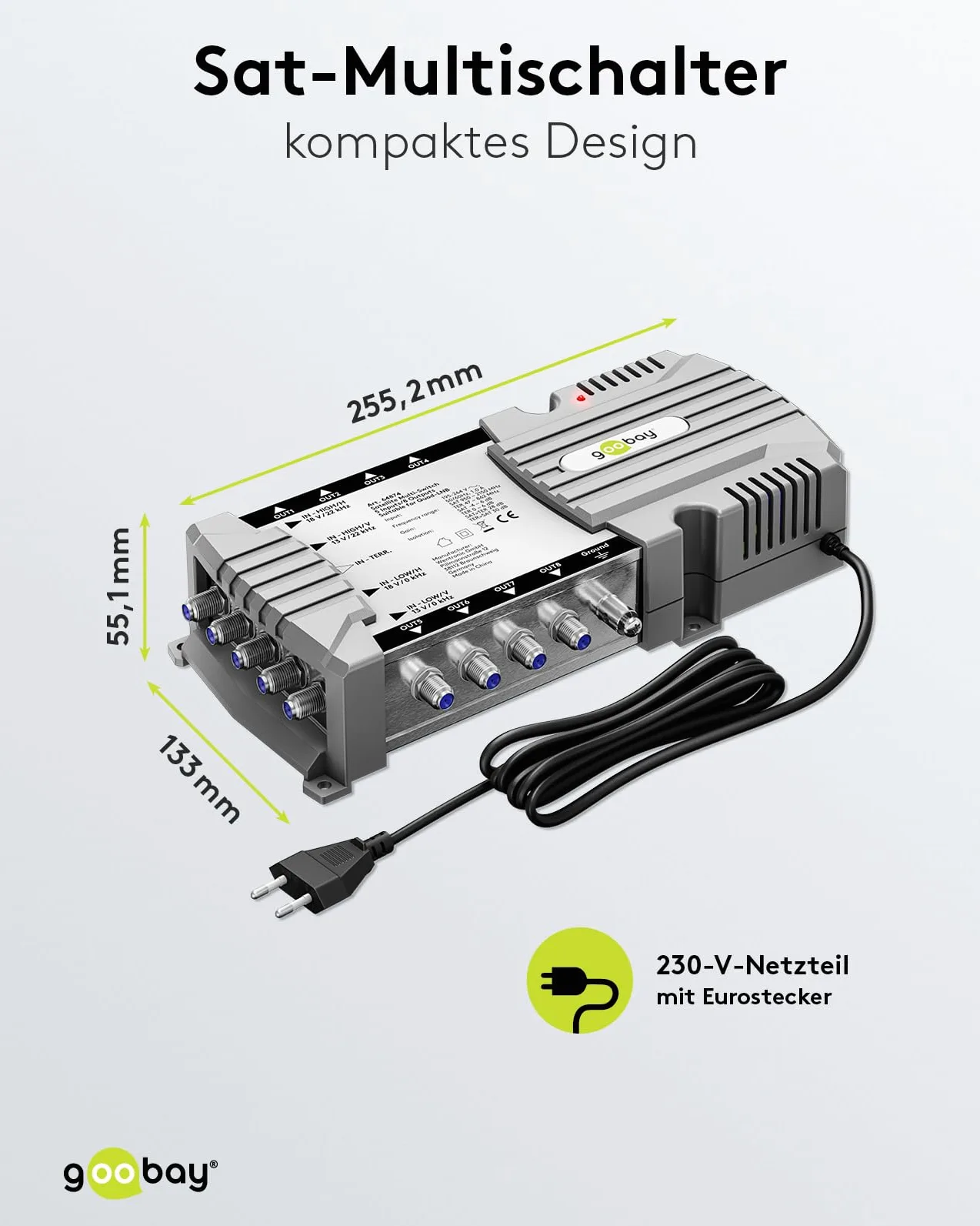 goobay 64874 Interruttore multiswitch satellitare compatto, 5 ingressi, 8 uscite, 4 K, 8 K UHD/DAB+, per 8 partecipanti