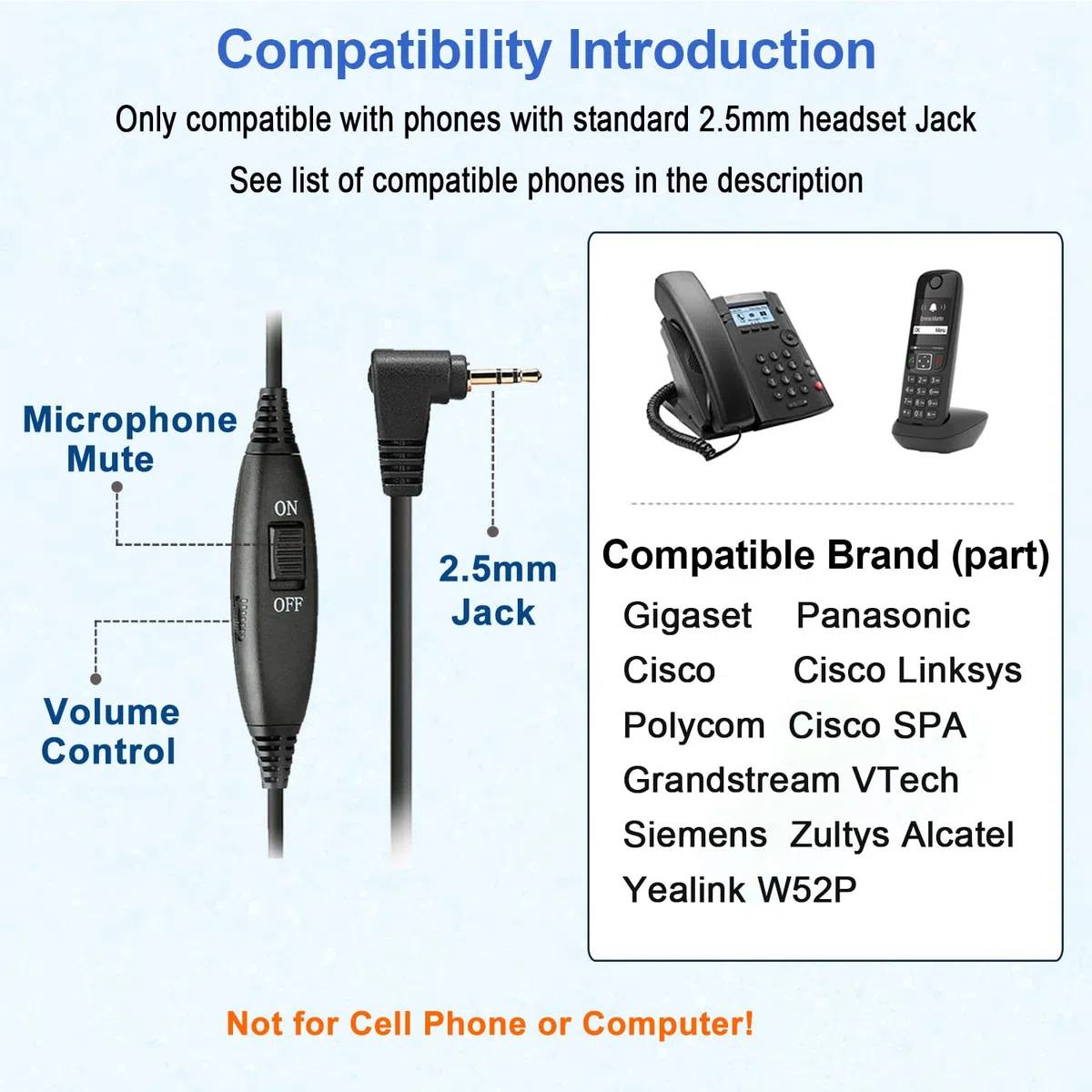 Callez Cuffie 2,5 mm Mono con Microfono a Cancellazione del Rumore, Controllo del Volume, Auricolare Call Center per Panasonic Siemens Gigaset C430 C530 Cisco Telefono Fisso Cordless DECT