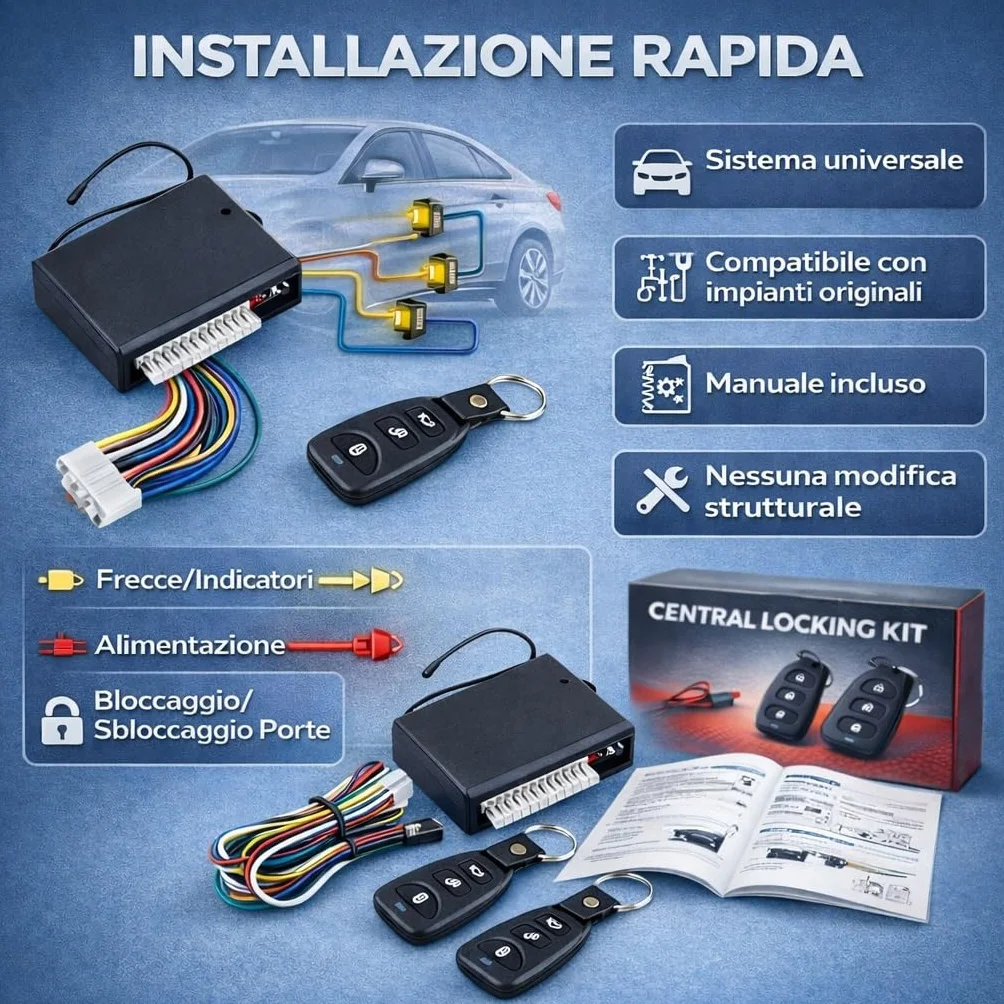 CAR PASSION Kit Chiusura Centralizzata Auto Universale - 2 Telecomandi, Apertura Baule e Controllo a Distanza - Facile da Installare, Sicuro e Compatibile con Tutti i Veicoli