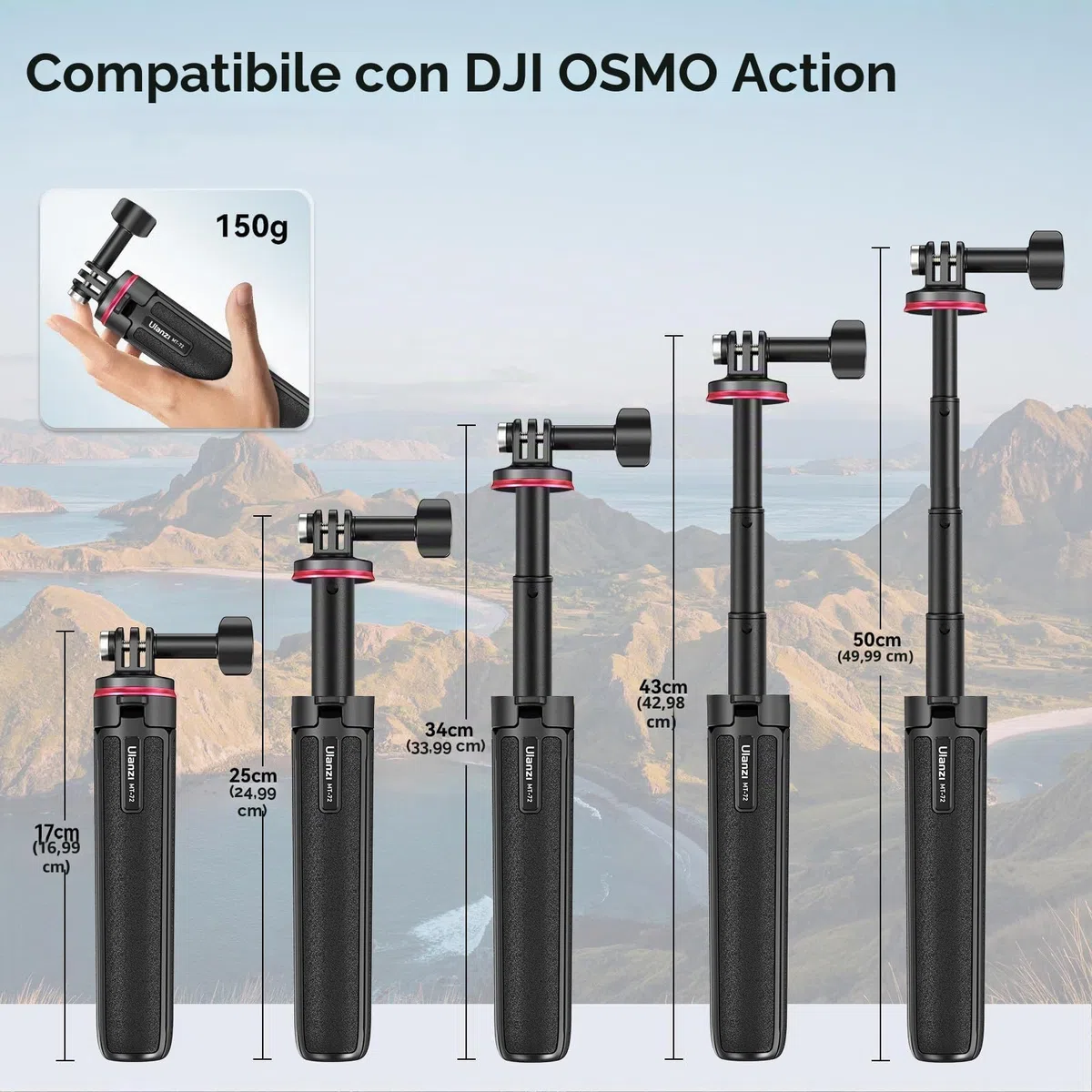 51CM Mini Treppiede per, ULANZI MT-72 Treppiede Portatile da Viaggio con Asta Di Estensione a 4 Pezzi, Mini Treppiede Selfie Stick per Dji Osmo Action Camera