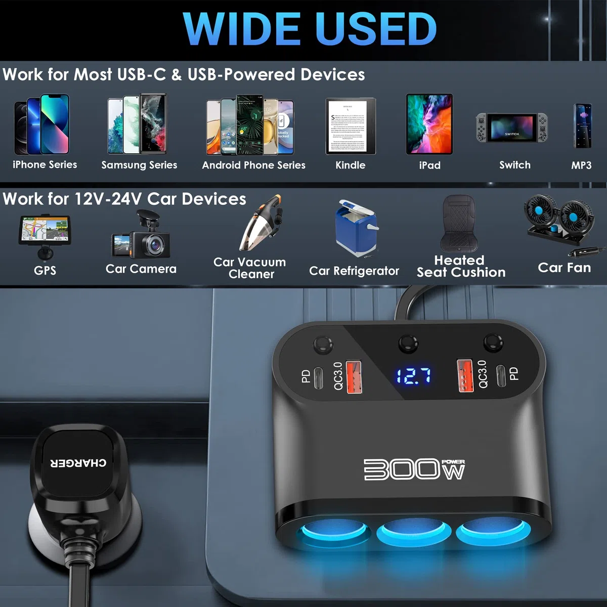 Qidoe Sdoppiatore Presa Accendisigari per Auto 300W: 7 in 1 USB Splitter, 3 Prese e Doppia USB C 30W e QC3.0 18W con Interruttore LED Voltmetro per GPS, Cellulare, iPad