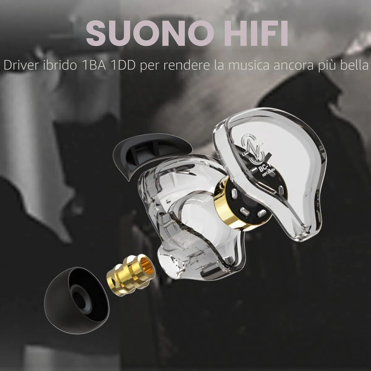 CCZ Melody Monitor In-Ear, cuffie in-ear cablate, cuffie senza microfono, IEM HiFi-Bass con 1DD 1BA, alette auricolari, cavo 4N OFC per musicisti, cantanti, batteristi, sul palco, studio