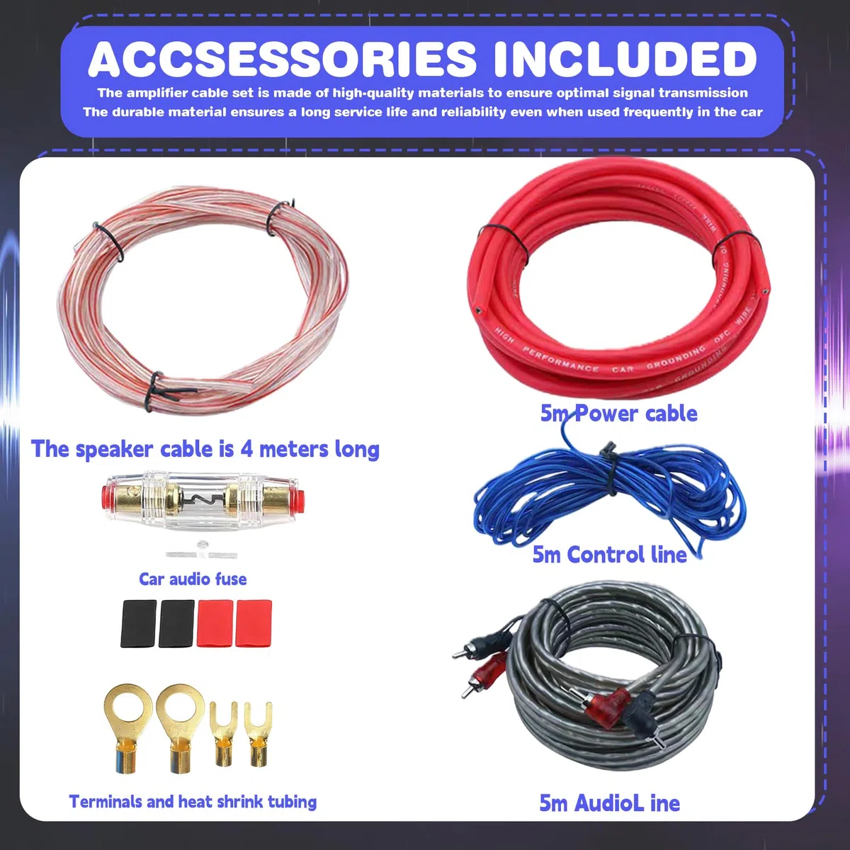 GBKDQQ Set di 7 cavi subwoofer, 4GA, amplificatore per auto, set di cavi per subwoofer, 5 m, set di cavi per amplificatori auto, cavo audio per subwoofer, sistema HiFi