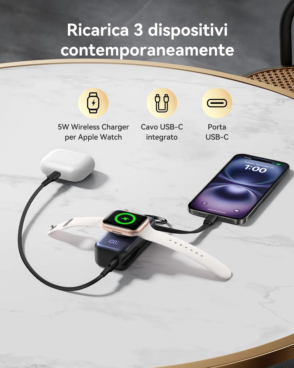 INIU Power bank, Stazione di ricarica per Apple Watch, 5000mAh 20W Powerbank per smartwatch, Caricatore Portatile con Cavo USB-C Integrato, Powerbank per Apple Watch, iPhone 17 16 15, Samsung, Xiaomi