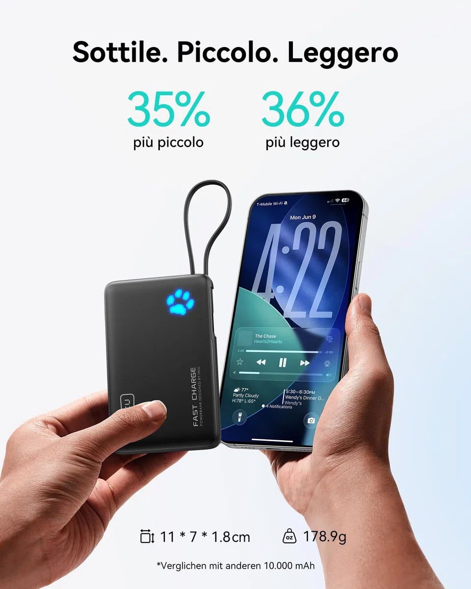 INIU Power Bank, Sottile 20W 10000mAh PowerBank con Cavo Integrato, Ricarica Rapida PD3.0 QC4.0 USB C Input & Output Caricatore Portatile per per iPhone 16 15 14 Pro Max Plus Samsung Huawei iPad Pro