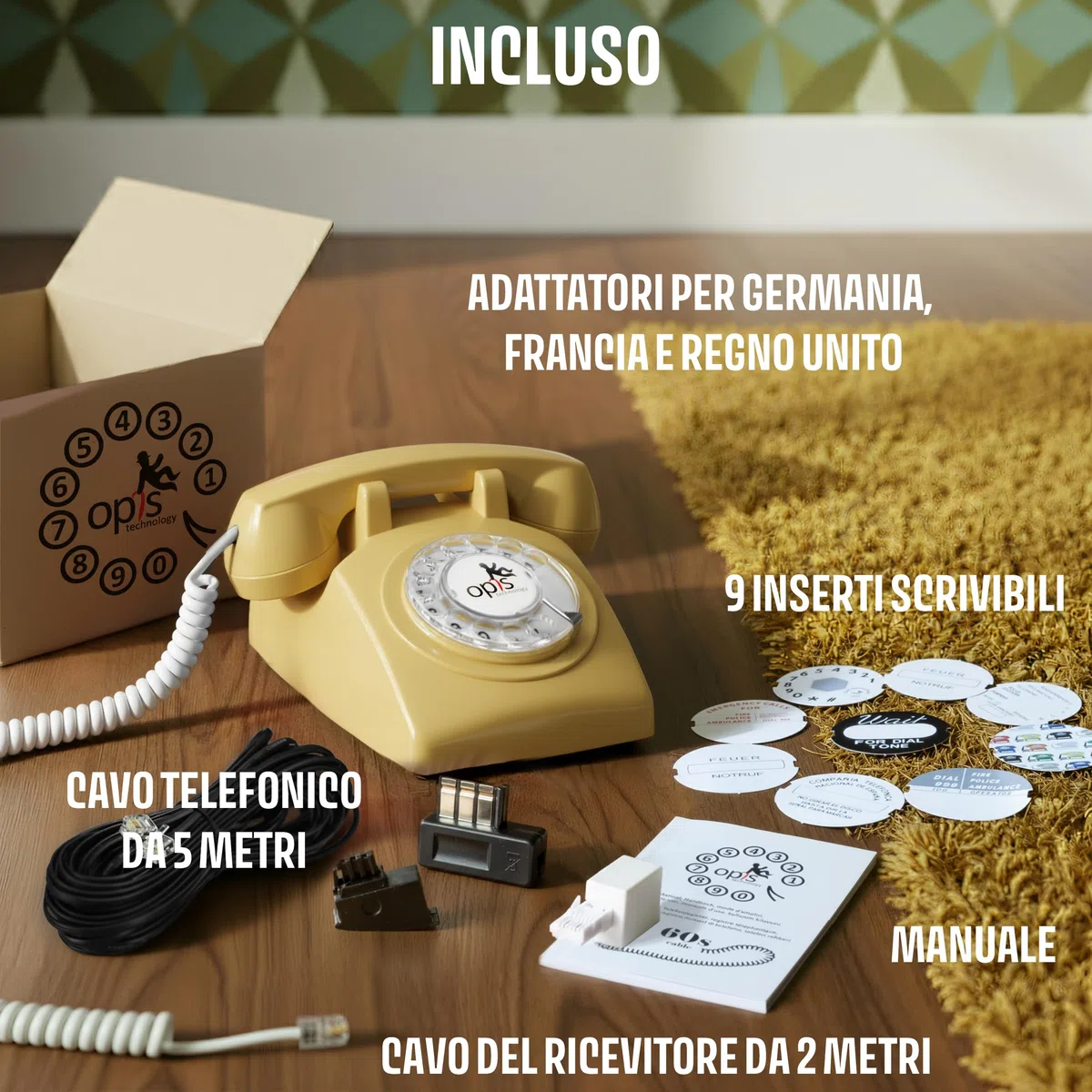 Opis Technology 60s Cable Telefono Vintage Fisso a Disco – Telefono Fisso Casa Retrò Anni 60 con Vera Suoneria Metallica e Disco Combinatore Meccanico – Beige