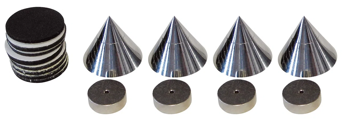 Dynavox assorbitori sub-watt, set di 4 unità, disaccoppiatori regolabili in altezza per dispositivi HiFi e altoparlanti con rondelle, cromo