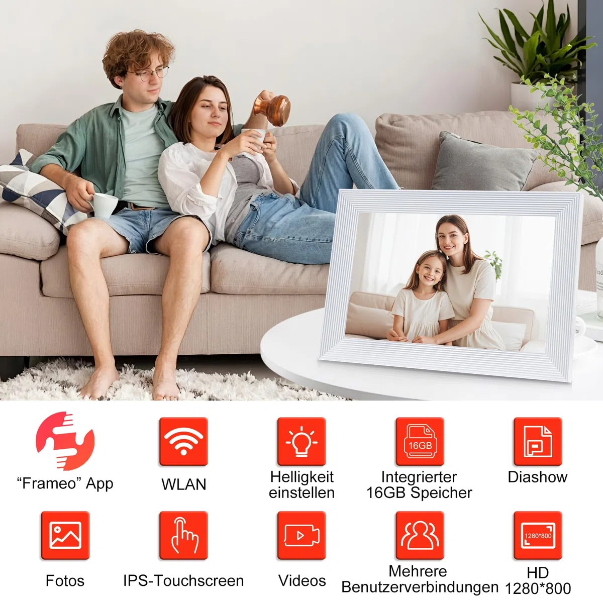 Frameo - Cornice digitale WiFi da 25,4 cm, memoria da 32 GB, con touch screen, rotazione automatica, montabile a parete, 1280 x 800 cm, cornice elettronica (bianco)