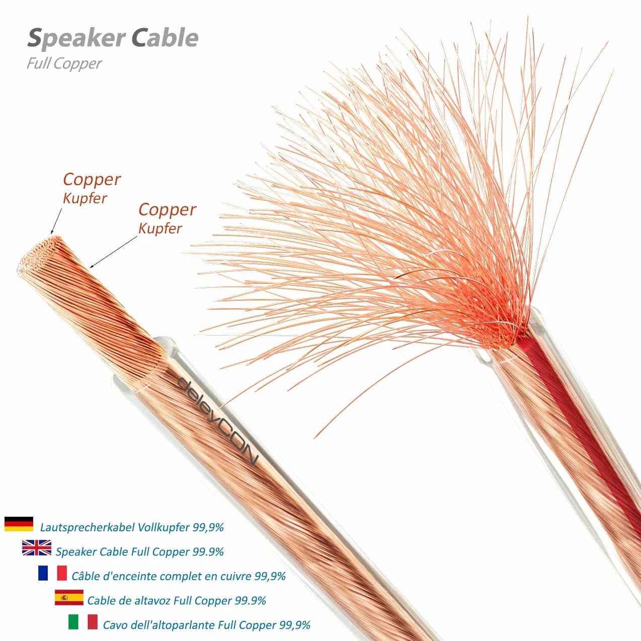 deleyCON 10m Cavo Altoparlante 2x 2,5 mm² - Puro Rame - OFC Speaker Cable Cavo - Audio Box Cavo per Altoparlanti HiFi & Surround - Marcatura Della Polarità - Trasparente