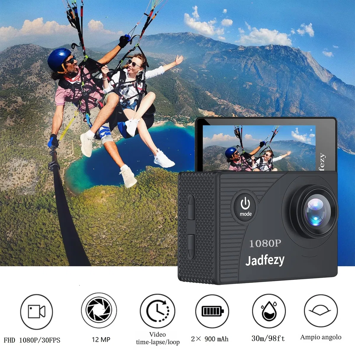 Action Cam 1080P con scheda da 32 GB, Macchina Fotografica Subacquea impermeabile 30M, Fotocamera Subacquea con Due 900mAh Batterie Ricaricabili e Kit Accessori