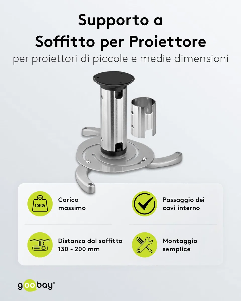 goobay Supporto Videoproiettore Soffitto Universale Fino a 10 kg Interasse 130-320 mm Inclinabile 360 Gradi Girevole Argento - 51905