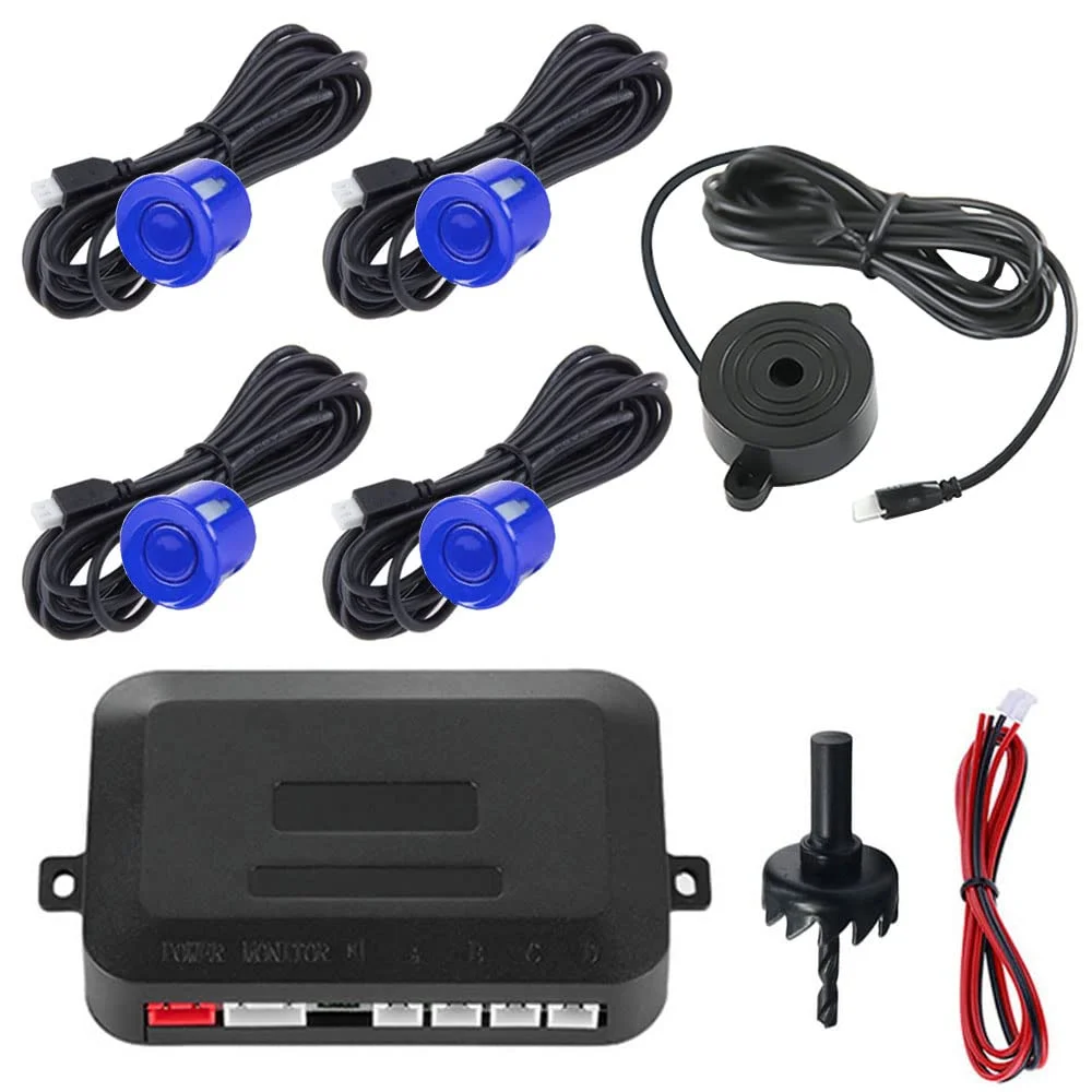 Auto Sensori di Parcheggio 4 Sensore Posteriore Parcheggio Kit Sistema Radar Parcheggio in Retromarcia Allarme Sonoro Distanza Radar Inverso Blu
