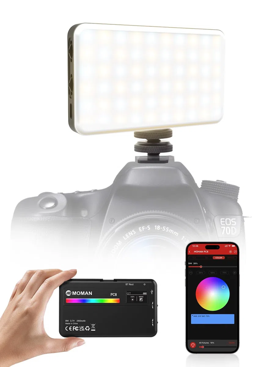 Moman PC8 Luce Video Professionale RGB Pannello LED 3100mAh con App Control, 13 Effetti Luce per Fotocamera/Streaming/YouTube