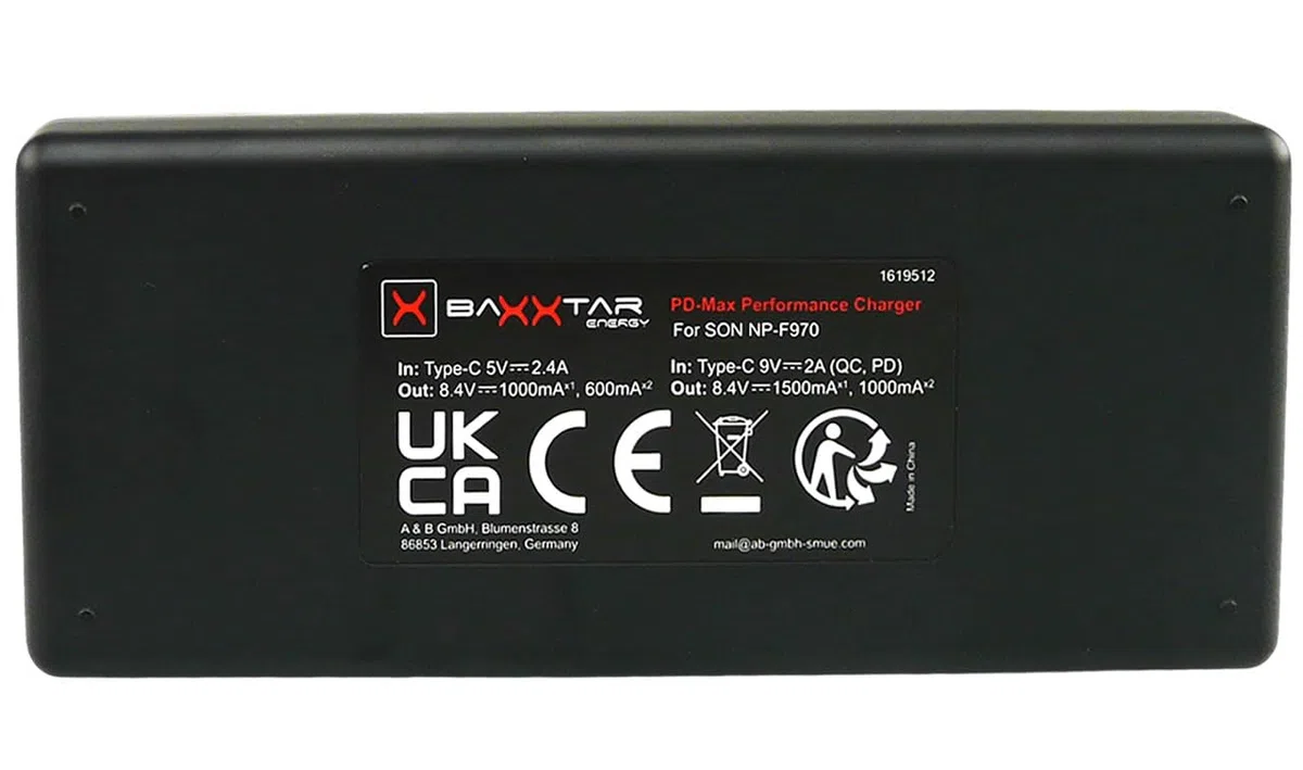 Baxxtar Premium Caricabatterie LCD USB-C (1500mA) compatibile con Sony NP FM50 F550 F750 F950 F970 FM500H QM71 batteria, Caricatore supporto QC & PD 3.0, ricarica rapida veloce con alimentatore 20W