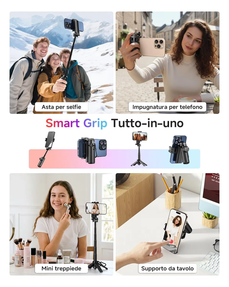 Rollei Treppiede Smartphone Easy Creator SmartGrip 3-in-1 Bastone Selfie Estensibile con Telecomando Selfiestick Portatile con 2 Attacchi Cold Shoe, Treppiede-Smartphone-Cavalletto-Bastone-Selfie