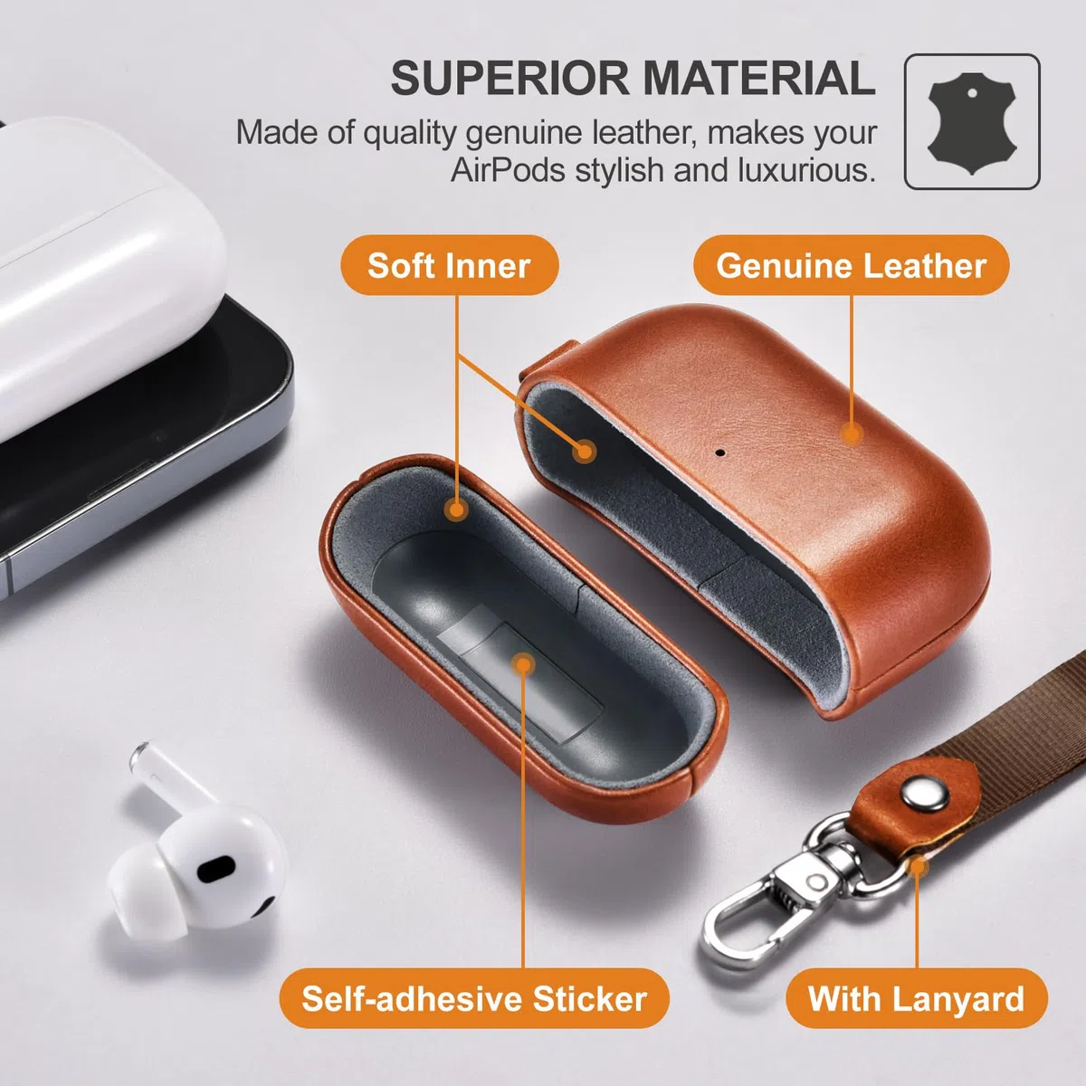 Custodia in Pelle per AirPods Pro 3 2025, ICARER Premium Custodia Protettiva Antiurto Vera Pelle con Cordino per AirPods Pro 3 Auricolari Custodia Ricarica LED visibile Caricabatterie Wireless-Marrone
