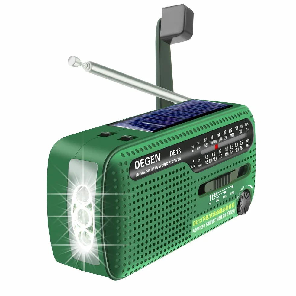 DE13 FM AM SW Radio Portatile Manovella Solare EmergenzaRadio Wind Up Radio con Torcia Elettrica Luce da Lettura Regolabile SOS Allarme Funzione Adatta a Famiglia Campeggio