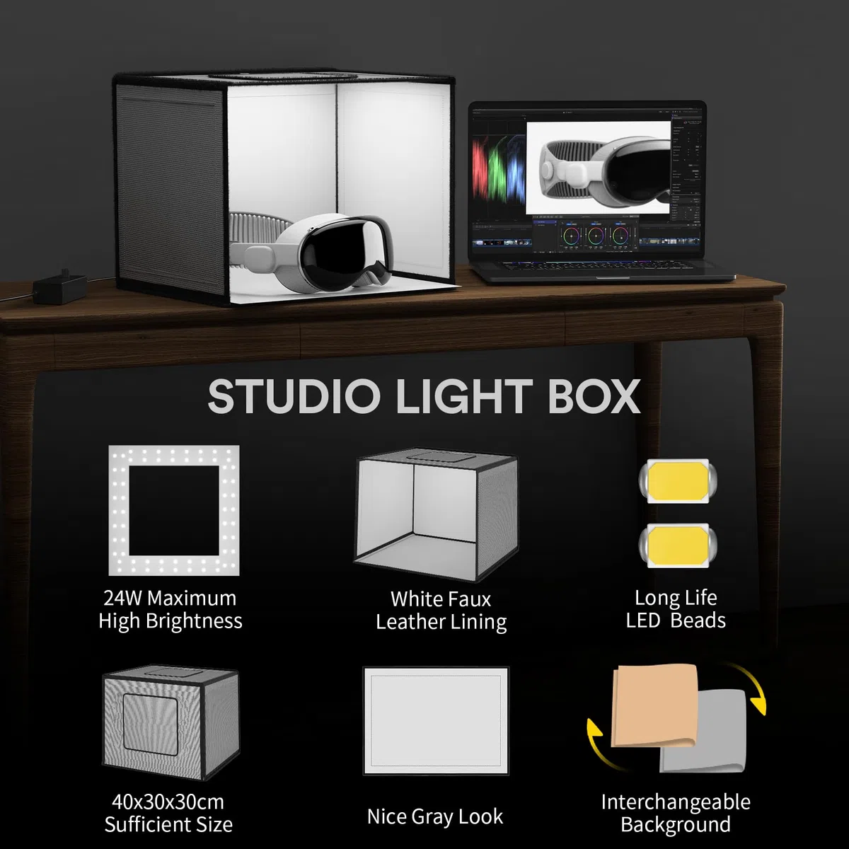 RALENO Studio Fotografico 40x40x30 cm Scatola Luce, Foto Box Portatile con Luce Regolabile 24W 5500K 97 CRI con 6 Sfondi in PVC per Fotografia