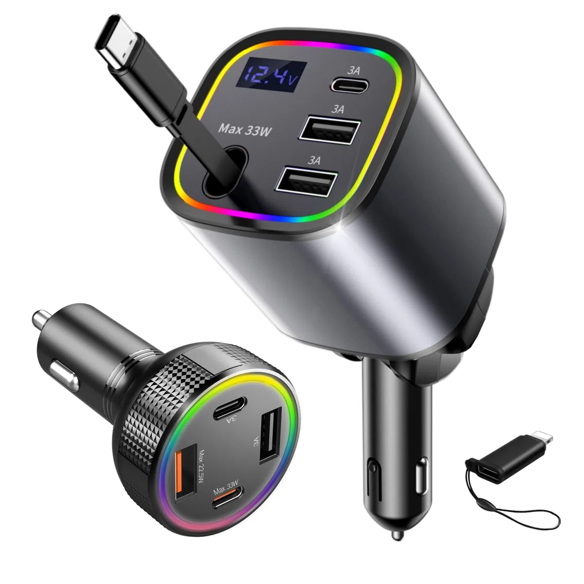 Caricatore Auto Accendisigari USB C (2pez), AGEMANY 4in1 Retrattile Caricatore con Cavo per Auto Cellulare & 4 Ports Rapido Caricatore Accendisigari Auto per iPhone Android, Auto Accessori 12V