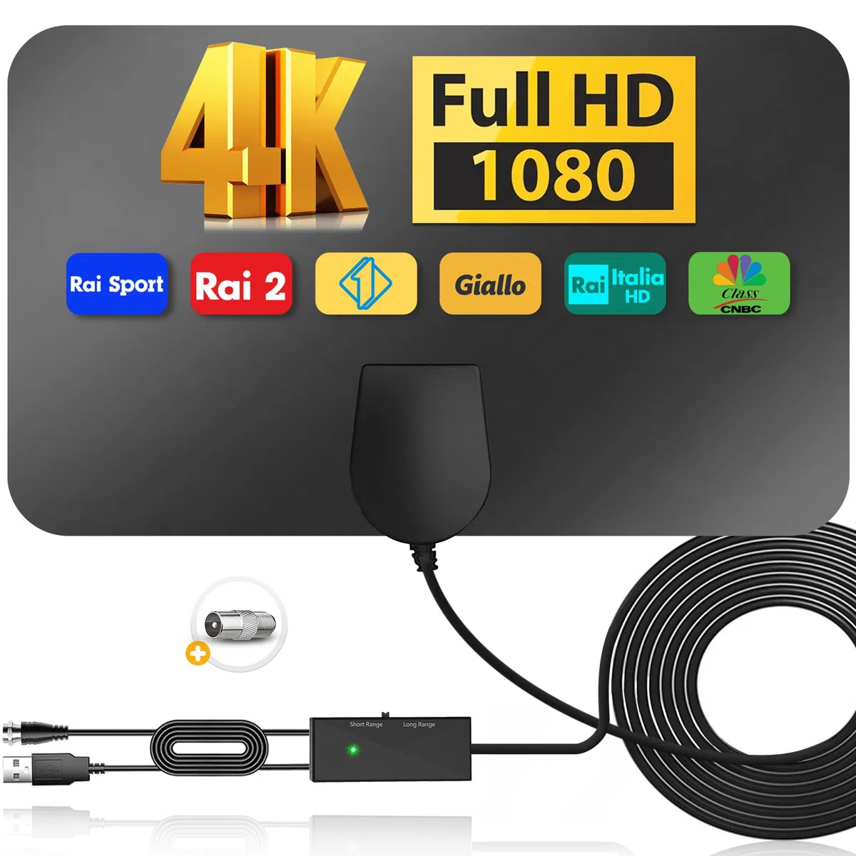 2026 Antenna TV Interna Amplificata Potente - Ricezione DVB - T2 Segnale per 400 km, Supporta Smart TV 4K HD/1080P, Con 5 m di Cavo Coassiale e Connettore Maschio Tipo F (Nero Scuro)