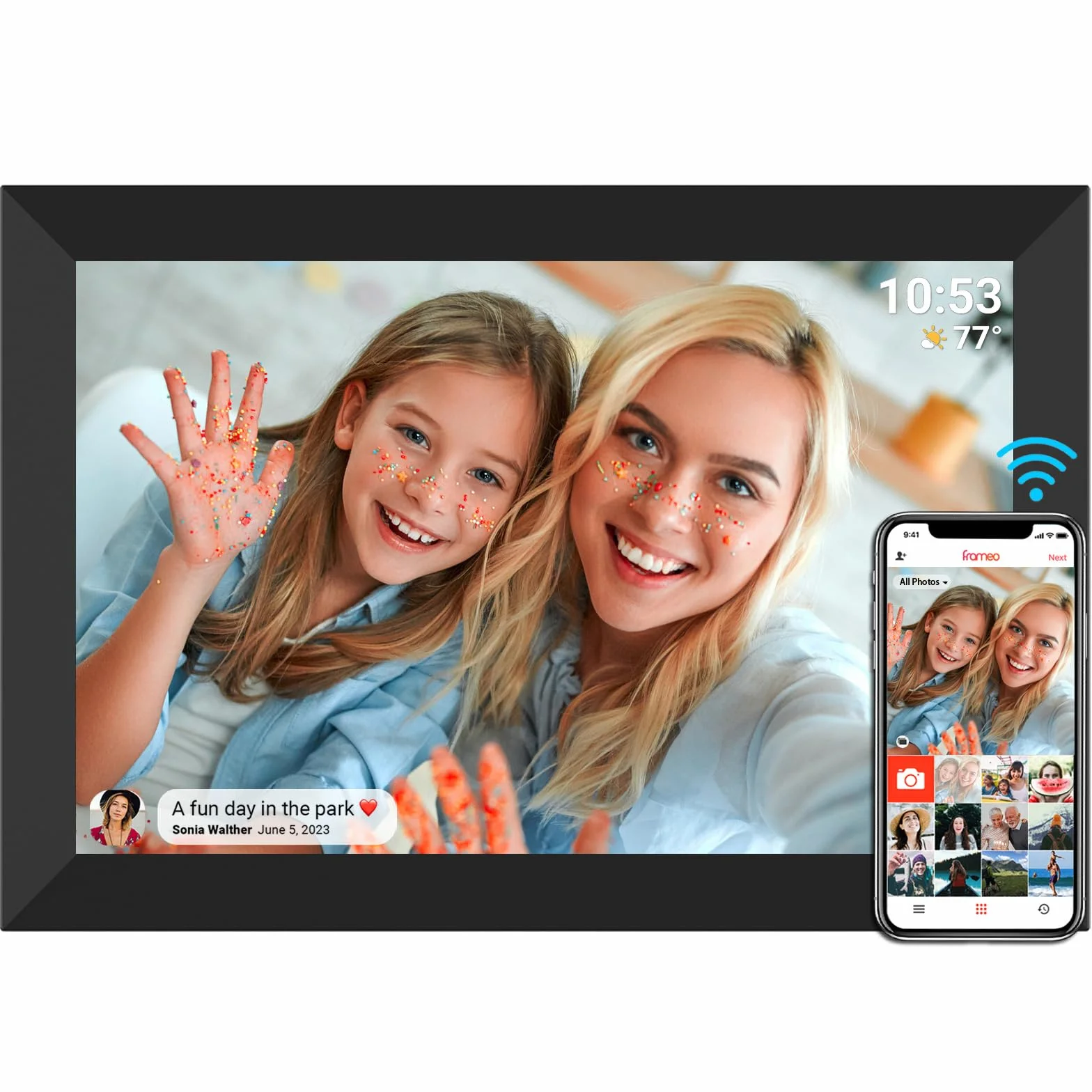 dxmart FRAMEO - Cornice per foto digitale WiFi da 32 GB, schermo LCD Touch WXGA IPS da 10,1", cornice per foto Smart Cloud con rotazione automatica, condivisione dei momenti tramite l'app Frameo