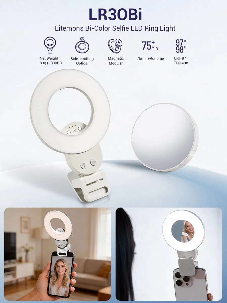 GODOX Litemons LR30Bi Luce Selfie LED Ring Light, 2800K-6500K Anello Luce con Clip e Specchio, 5 Luminosità Regolabile, Illuminazione in Uscita Continua per Telefono Laptop Vlog Trucco Streaming Live