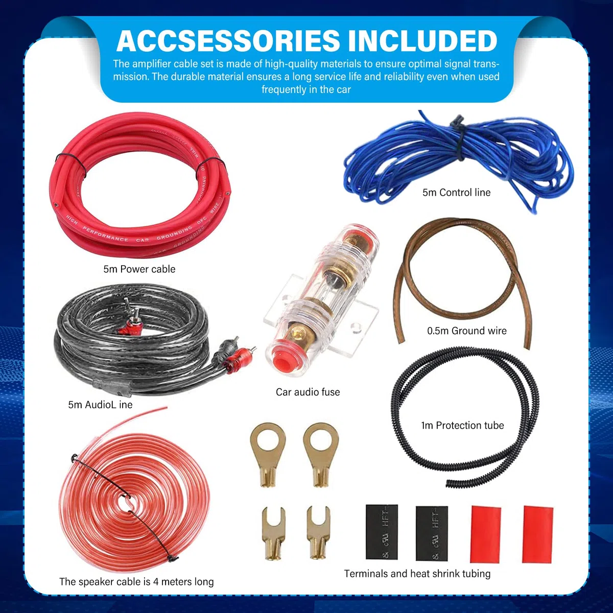 PORFOYO 4GA, set di cavi amplificatori per auto, 5 metri, set di cavi per amplificazione di uscita, cavo per subwoofer, cavo audio per auto con cavo RCA, portafusibili, capicorda forcella per
