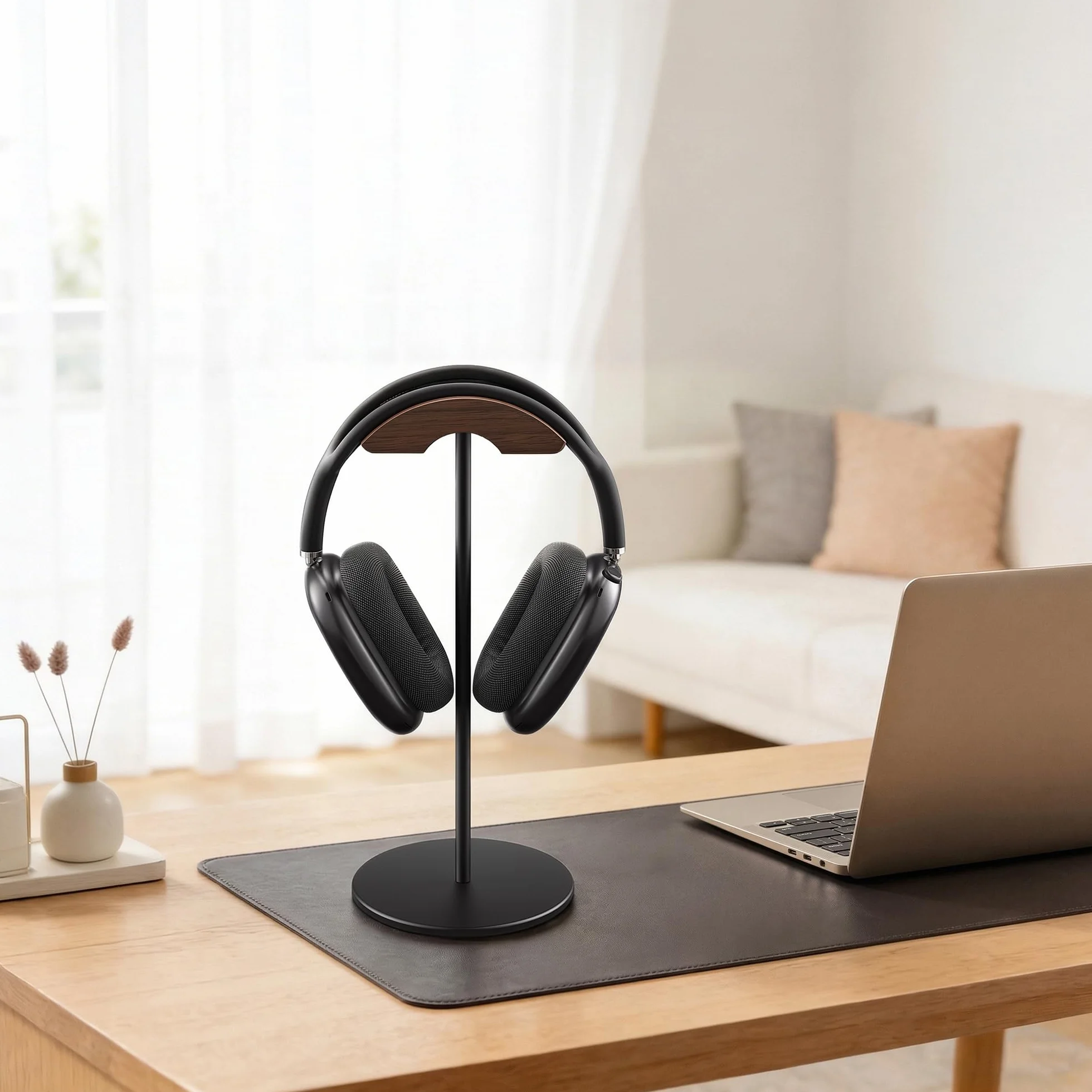 Supporto per Cuffie, Porta Cuffie Legno di Noce e Alluminio, Stand Headset da Gaming Noce Naturale con Base Solida, Adatto a Cuffie di Tutte le Dimensioni (Nero)