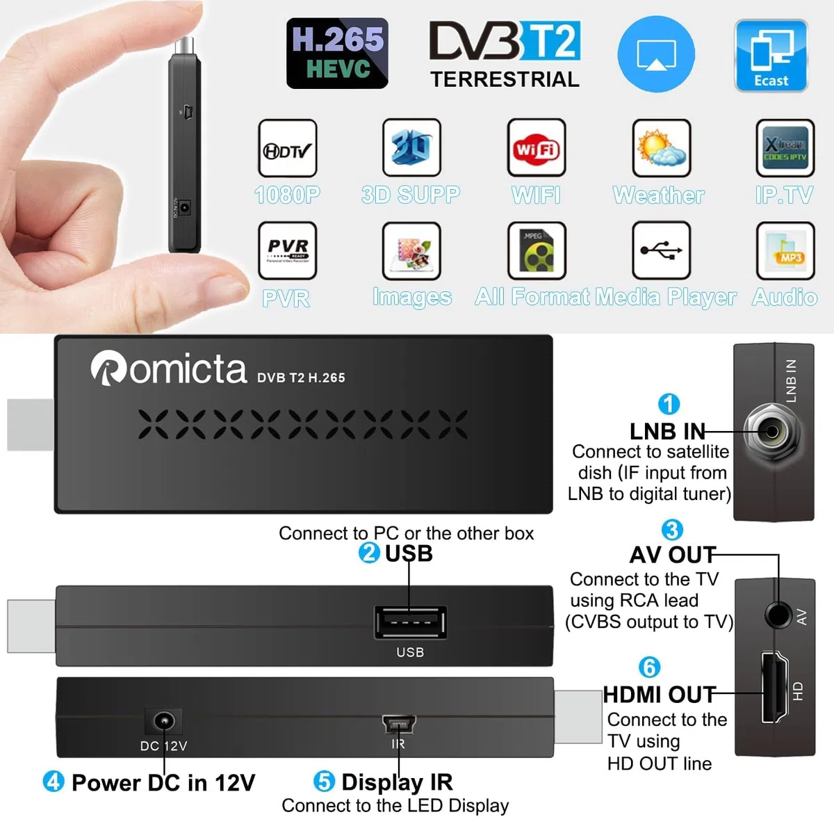 Romicta Decoder DVB-T2, Decoder Digitale Terrestre 2024 con 1 Anno di lP.TV Gratuito, Sintonizzatore DVB-T2 HD HDMI, Risoluzione 1080P H265 HEVC a 10 bit, Supporta USB, WiFi, PVR, LCN,YouTube e Tiktok