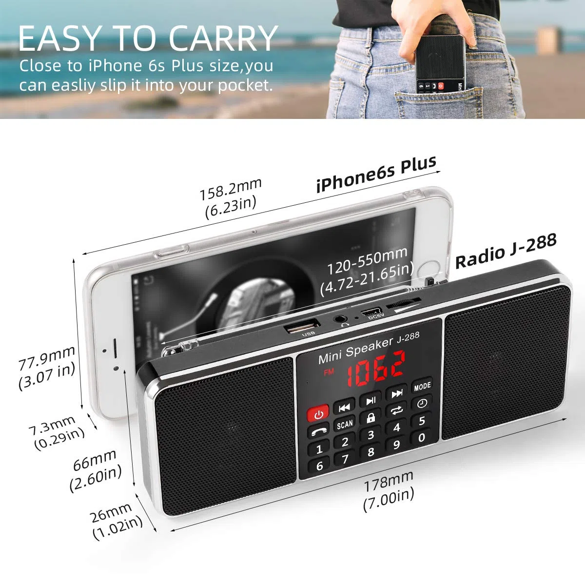 PRUNUS J-288 Radio Portatile Ricaricabile AM/FM,Radio Bluetooth con L'altoparlante Stereo, Radiolina Digitale con Serratura a Chiave e Funzione Sleeping Clock, MP3 Player, Supporto SD/USB/AUX