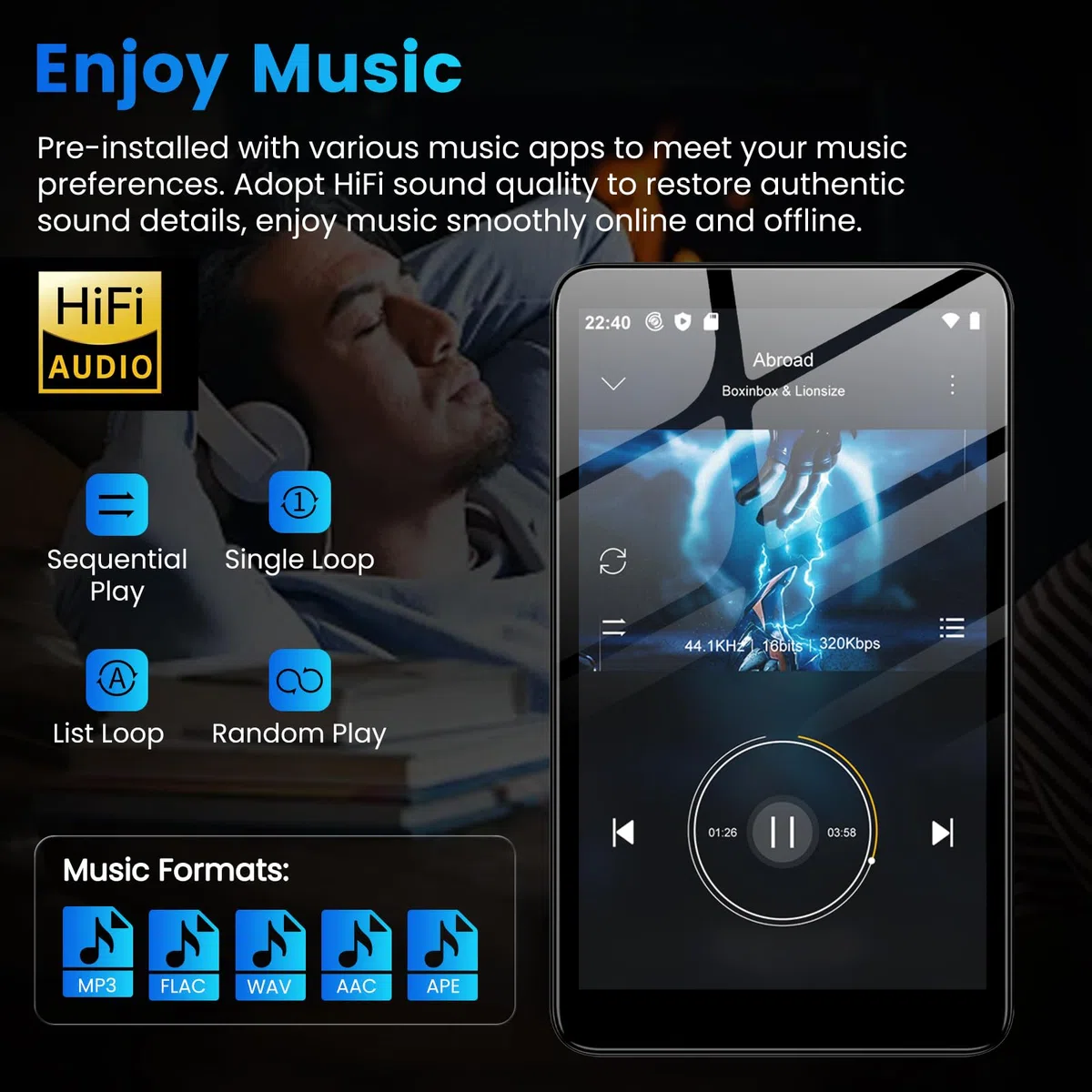 Diofox Lettore MP3 con Bluetooth e WiFi, sistema operativo Android 13, 3+32GB di memoria, lettore MP3 MP4 con touchscreen da 4,02 pollici, Spotify, Amazon Music, Deezer, Play Store, fino a 512GB-Nero