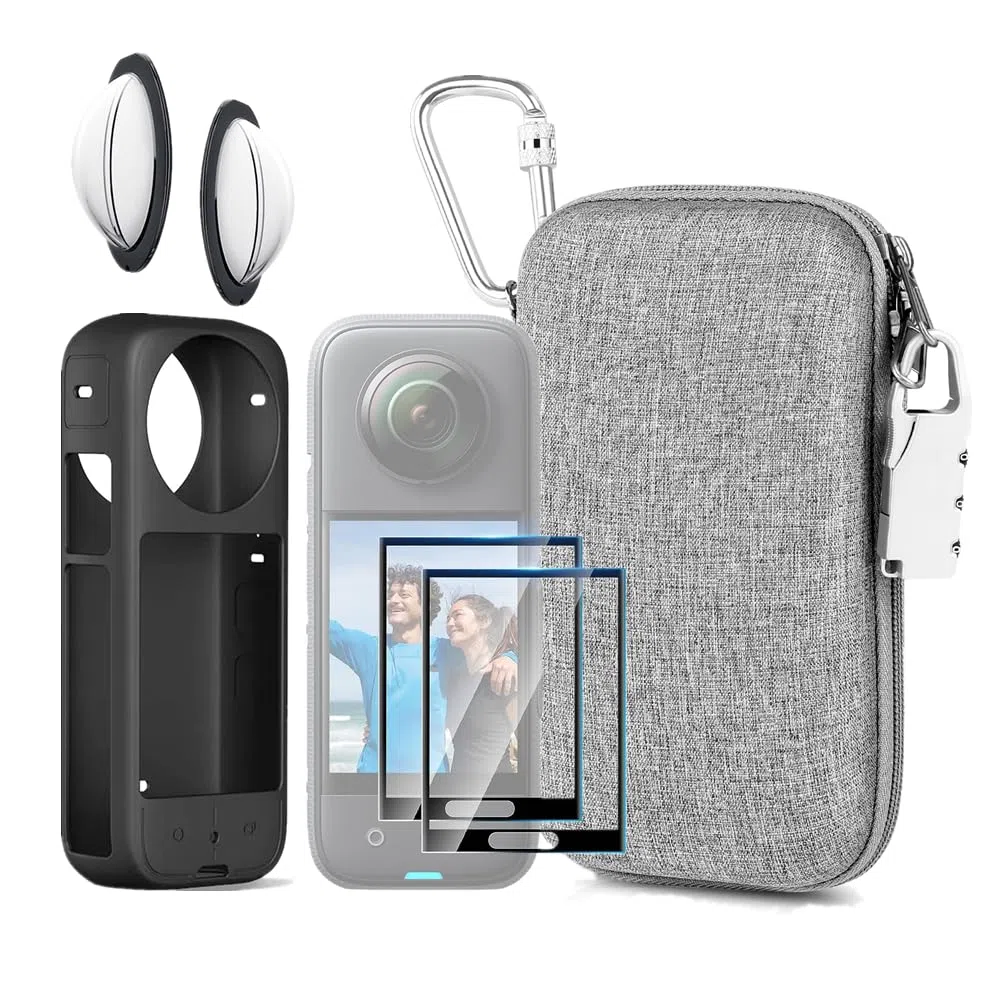 Kit di accessori 7 in 1 compatibile con Insta360 X3 [custodia in silicone per fotocamera][copriobiettivo] [pellicola protettiva per lo schermo] [custodia da trasporto per esterni con