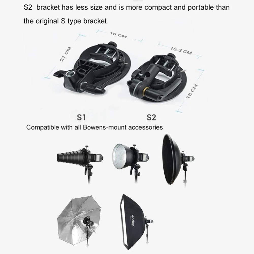 Godox S2 Supporto Bowens, Flash Bracket compatibile con flash Godox V100 AD200 Pro II V1 Pro RS60R AD100 Pro RS60BI TT600, Funziona anche con Flash Sony Canon Nikon Fujifilm