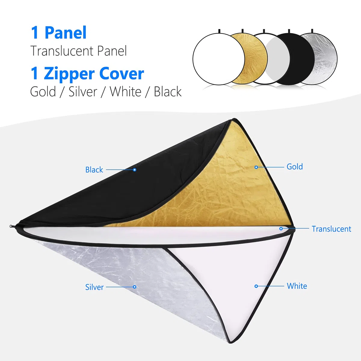 NEEWER 60cm Riflettore di Luce Diffusore di Luce 5 in 1 Multi Disco Pieghevole con Borsa - Traslucido, Argento, Oro, Bianco e Nero per Fotografia da Studio Illuminazione e Illuminazione per Esterni