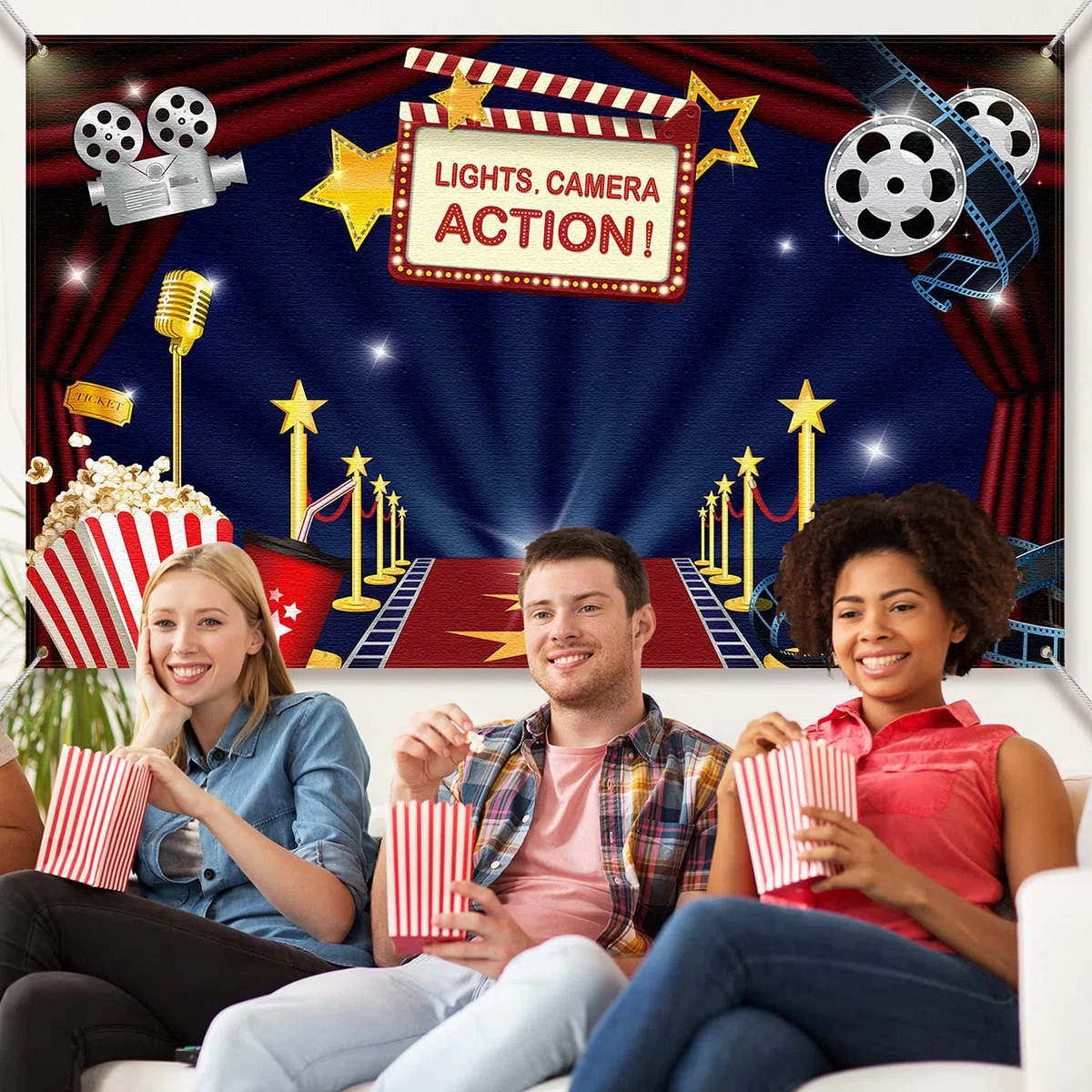 Decorazioni per feste a tema film Hollywood, grande sfondo in tessuto Hollywood per serate cinematografiche, feste di compleanno, eventi, premi, cerimonie fotografiche, sfondo fotografico, 180 x 100