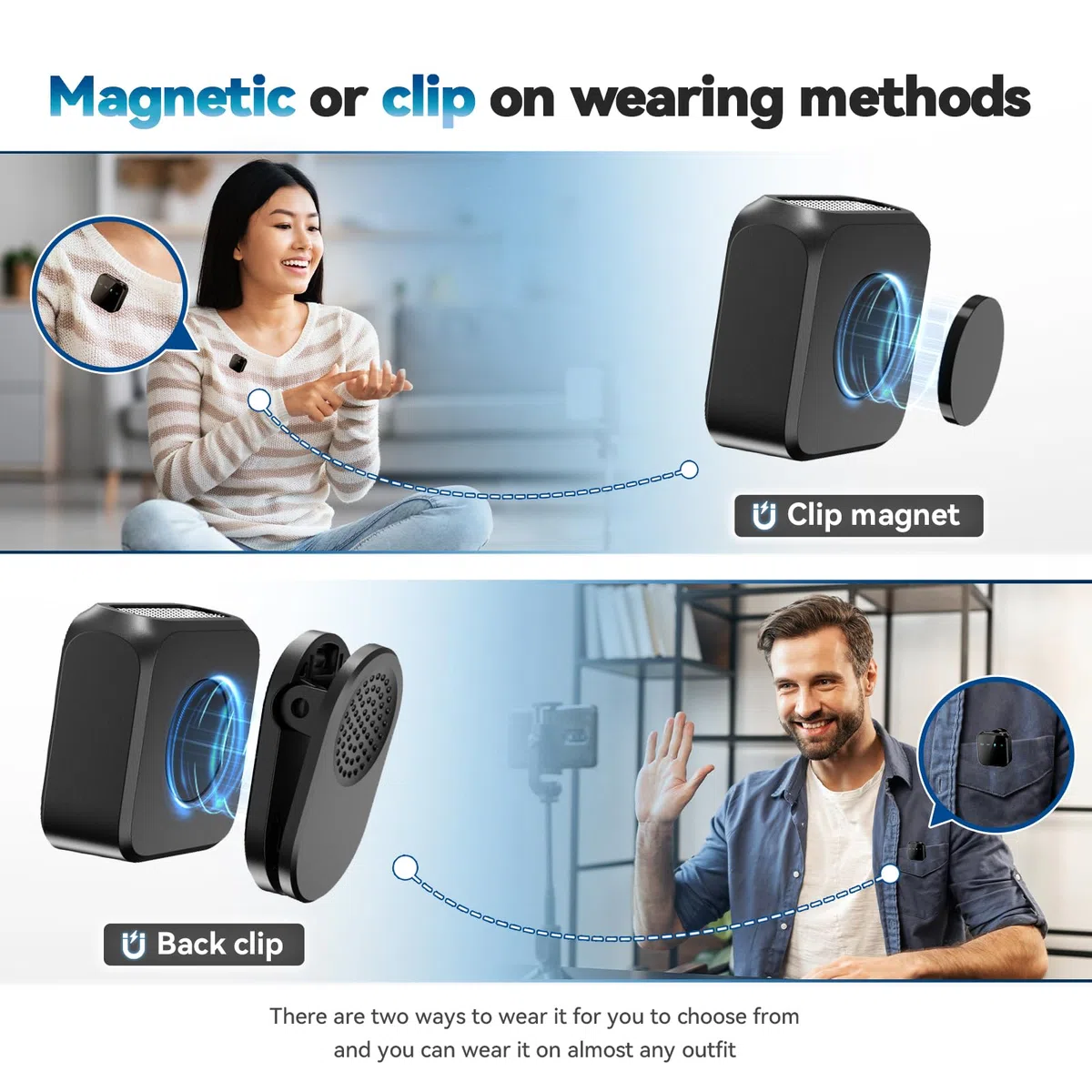 Amazpro Microfono da bavero wireless con clip e magnetico, AI riduzione del rumore, batteria 120 mAh di lunga durata, registrazione audio a distanza per smartphone, fotocamera e PC(USB C)