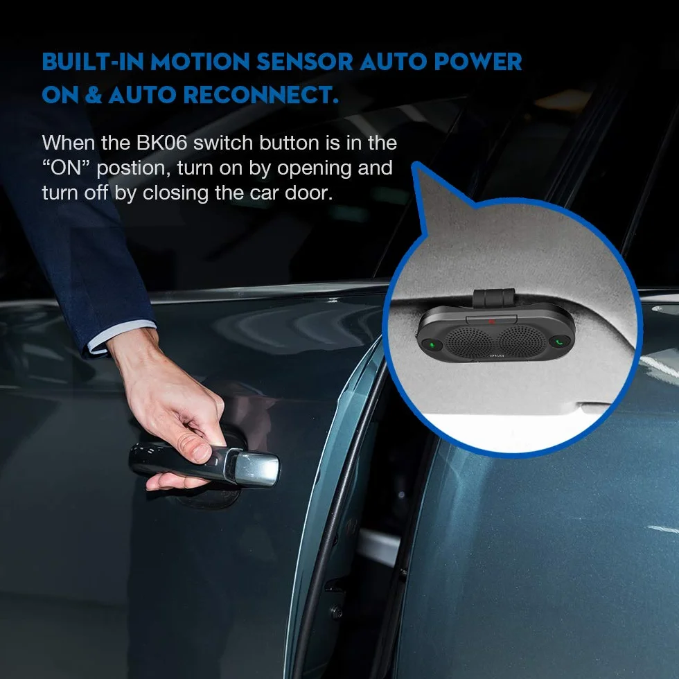 Besign BK06 Kit Vivavoce Bluetooth per Auto, per Chiamate Viva voce, GPS e Musica, Supporto per aletta Parasole, Auto Accensione, con altoparlante potente da 2 X 2W, Connettività Dual Link
