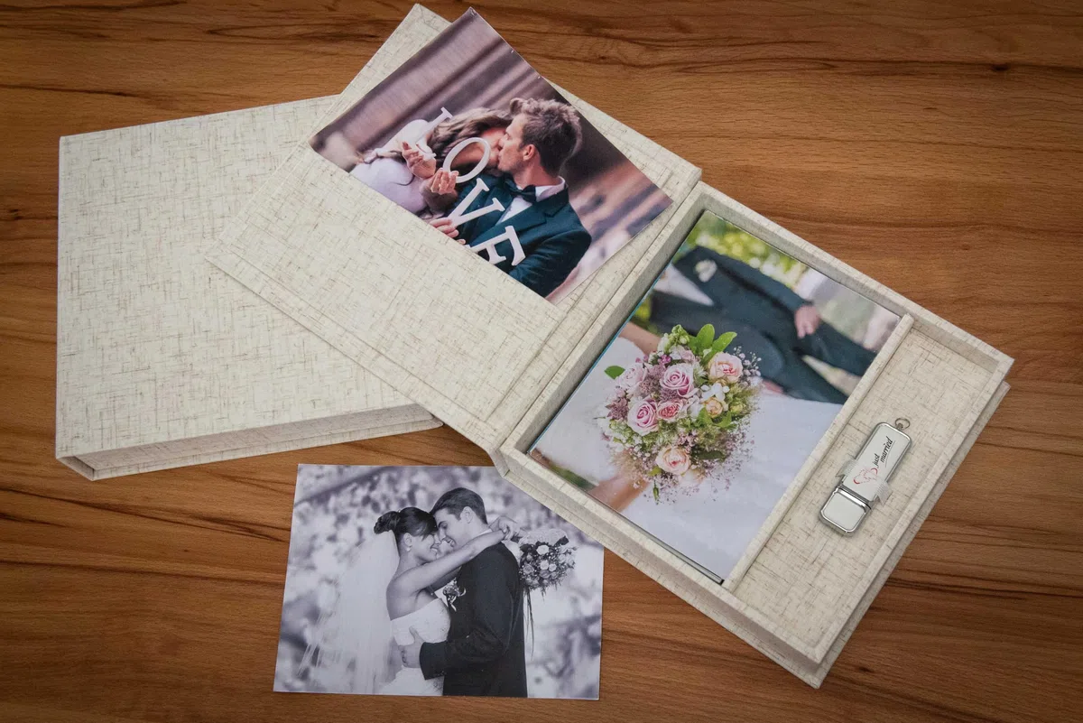 Scatola porta USB/DVD per matrimonio, con scatola fotografica, 13 x 18 cm, tessuto di lino (naturale)