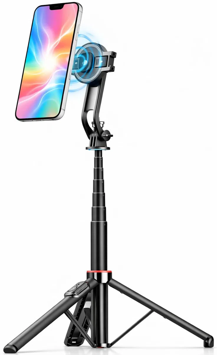 AMAYO - Bastone Selfie 2 in 1 per MagSafe iPhone – Doppio supporto (magnetico e clip) con telecomando Bluetooth, treppiede estensibile per viaggi, vlog, selfie e foto (Nero)