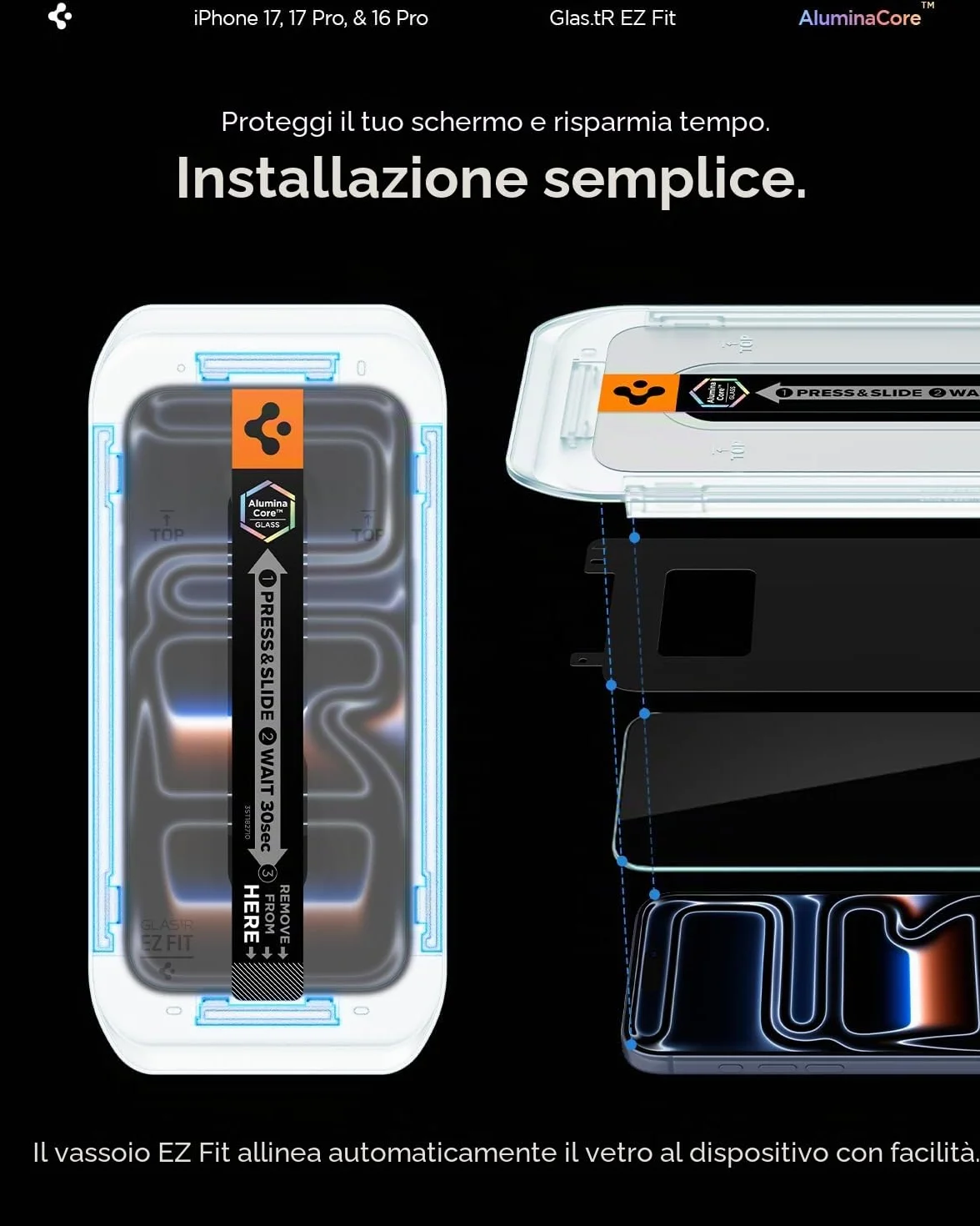 Spigen Glas.tR EZ Fit Vetro Temperato compatibile con iPhone 17 Pro, iPhone 17, iPhone 16 Pro, 2 Pezzi, Installazione Facile, Cristallino, Durezza 9H Pellicola prottetiva