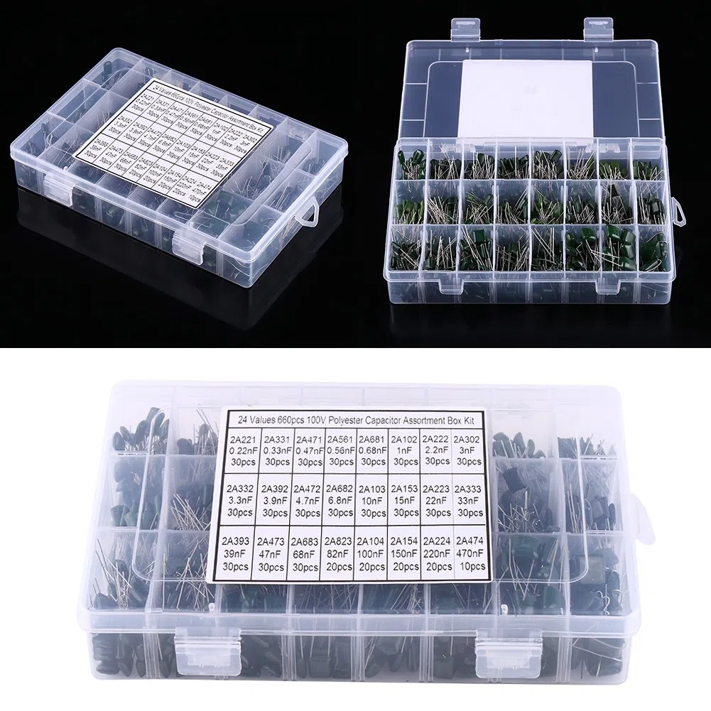 Duokon Kit Assortimento Condensatori a Film in Poliestere, Set di Condensatori Elettronici 660 Pezzi 24 Valori, 100 V da 0,22 NF a 470 NF con Scatola Trasparente per Studenti di Laboratori di