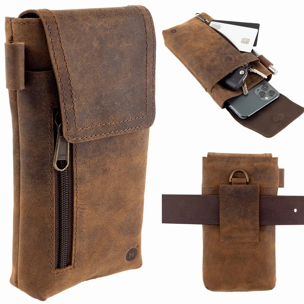 Moonster Porta Cellulare in Pelle – Porta Cellulare da Cintura in Vera Pelle di Bufalo – Porta Telefono da 18 x 9 cm per Telefoni di Grandi Dimensioni – Con Passante per Cintura Sicuro e Resistente