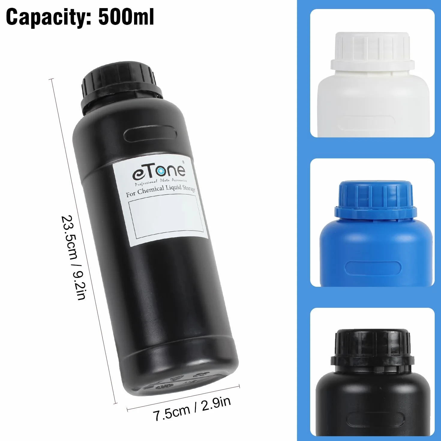 3X 500ml Bottiglia di Plastica di Stoccaggio di Prodotti Chimici di Laboratorio Camera Nera per lo sviluppo di film. (3X Nero)
